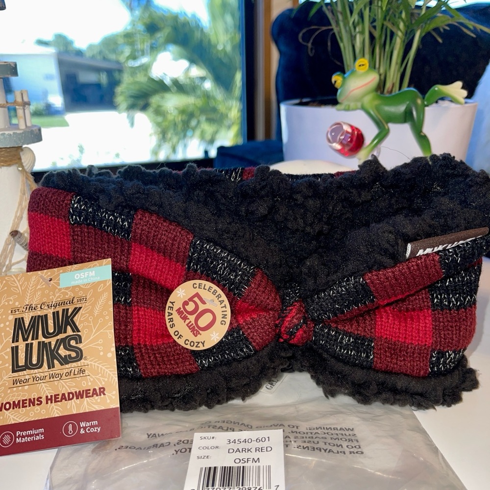MUK LUKS Buffalo Plaid Reversible Headband in Dark Red/Black with Faux Fur - Picture 15 of 16
